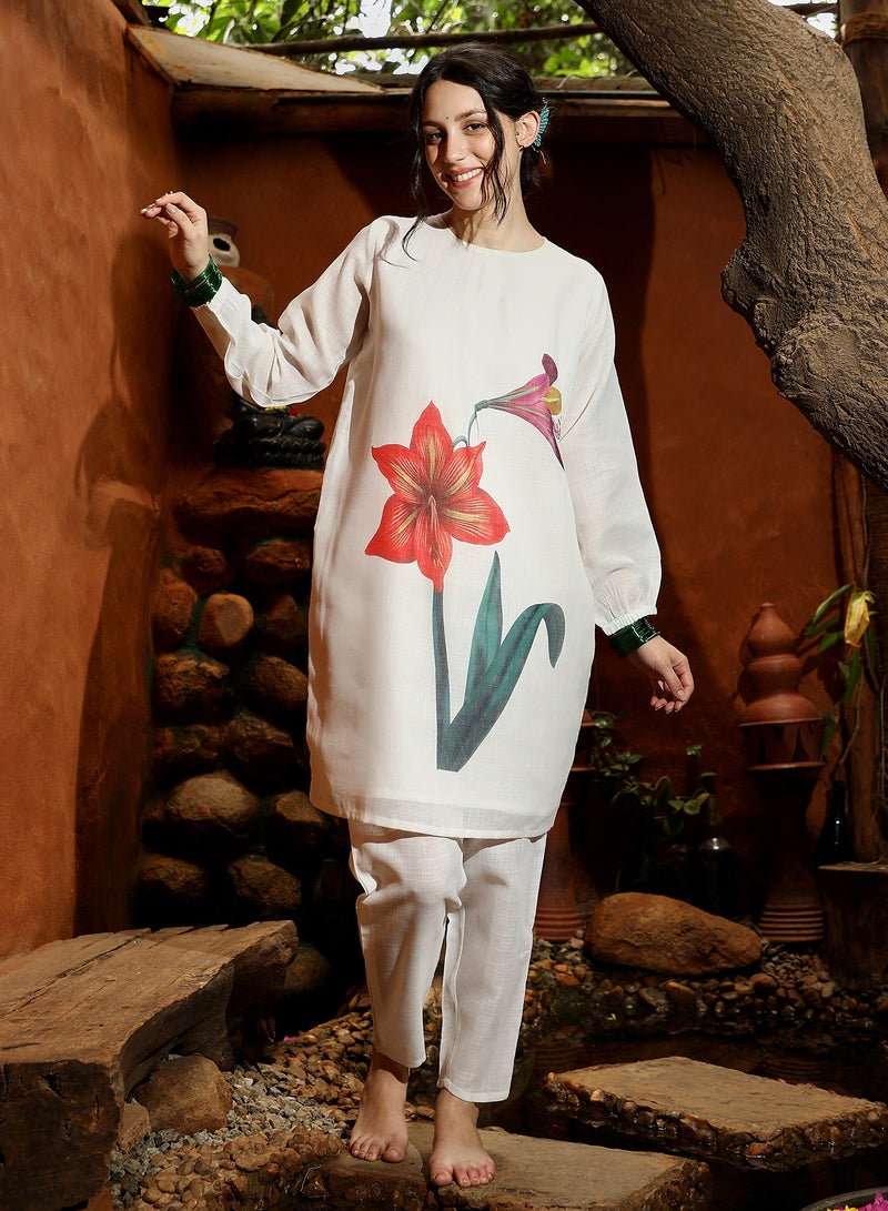 QISSA Women's Off-White Amaryllis Flora Kurti With Trousers For Casual Wear | Round Neck | Long Sleeves | 2 Piece Kurta Set Designed With Comfort Fit For Everyday Ethnic Wear - Image 2